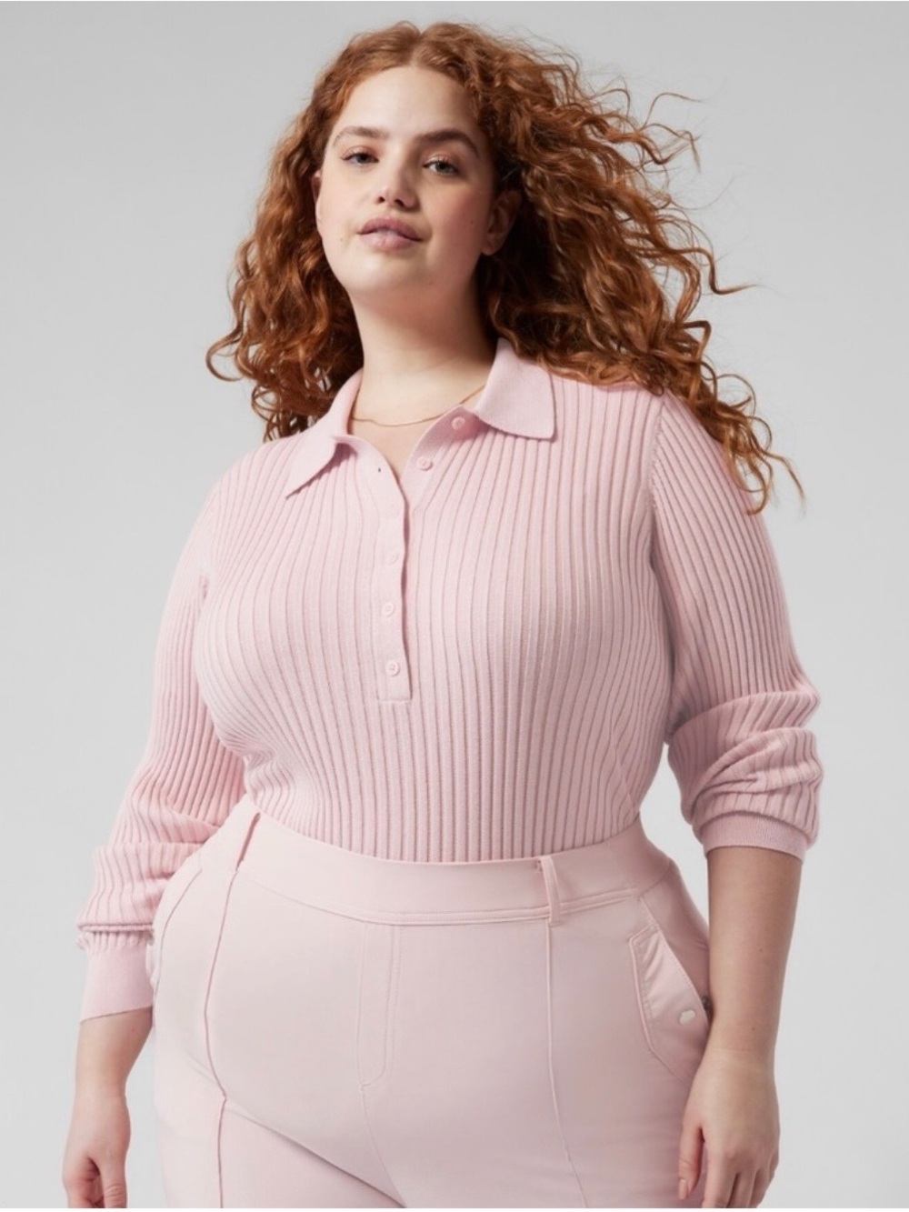 ATHLETA Sweet Bay Henley Sweater Orchid Pink Ribbed Polo Sweater Women 3X